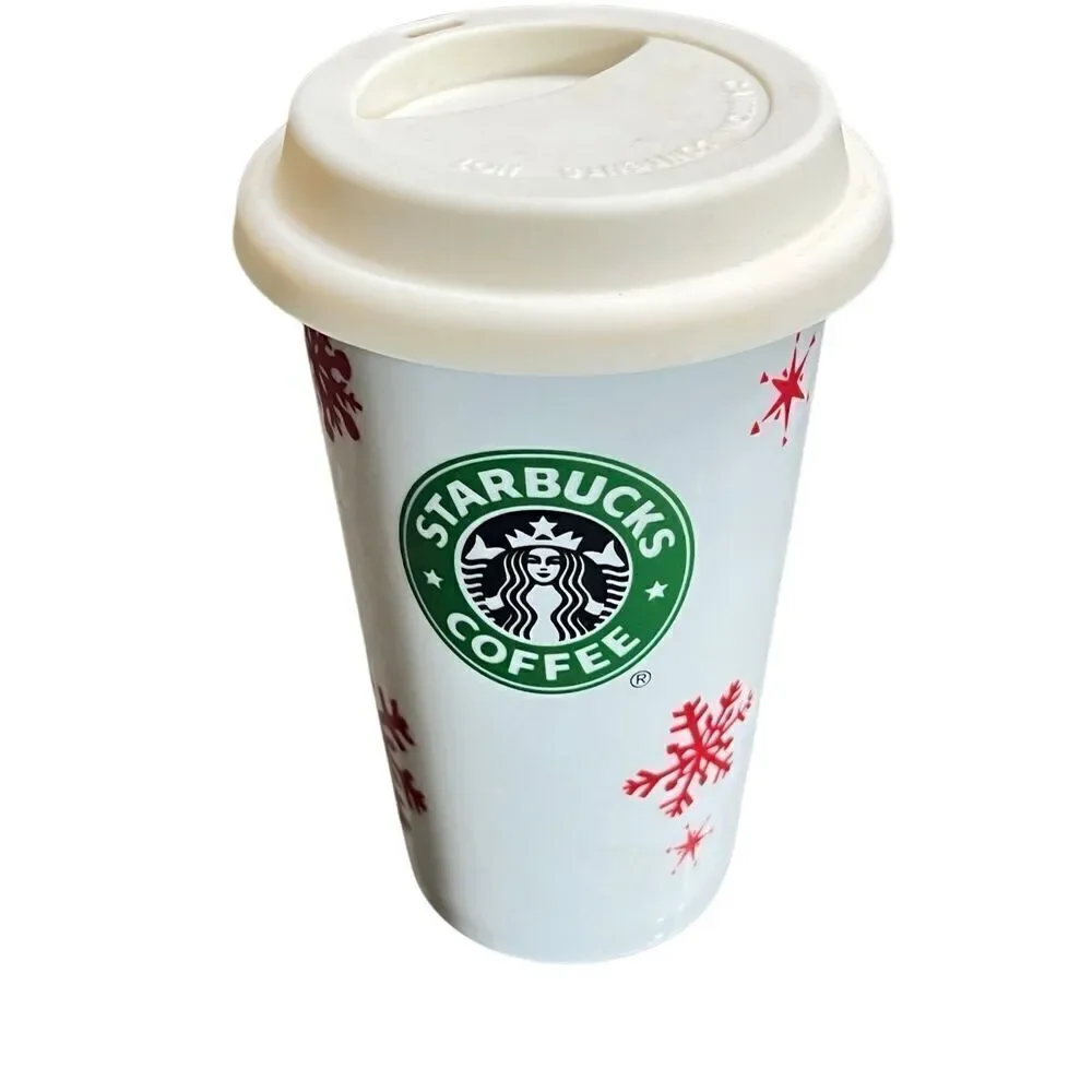 Starbucks 2010 Ceramic Travel Mug Tumbler Winter Holiday Snowflake